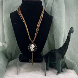 Retro Handmade Cameo Pendant Necklace with Gothic Skeleton Bronzeish Key Charm